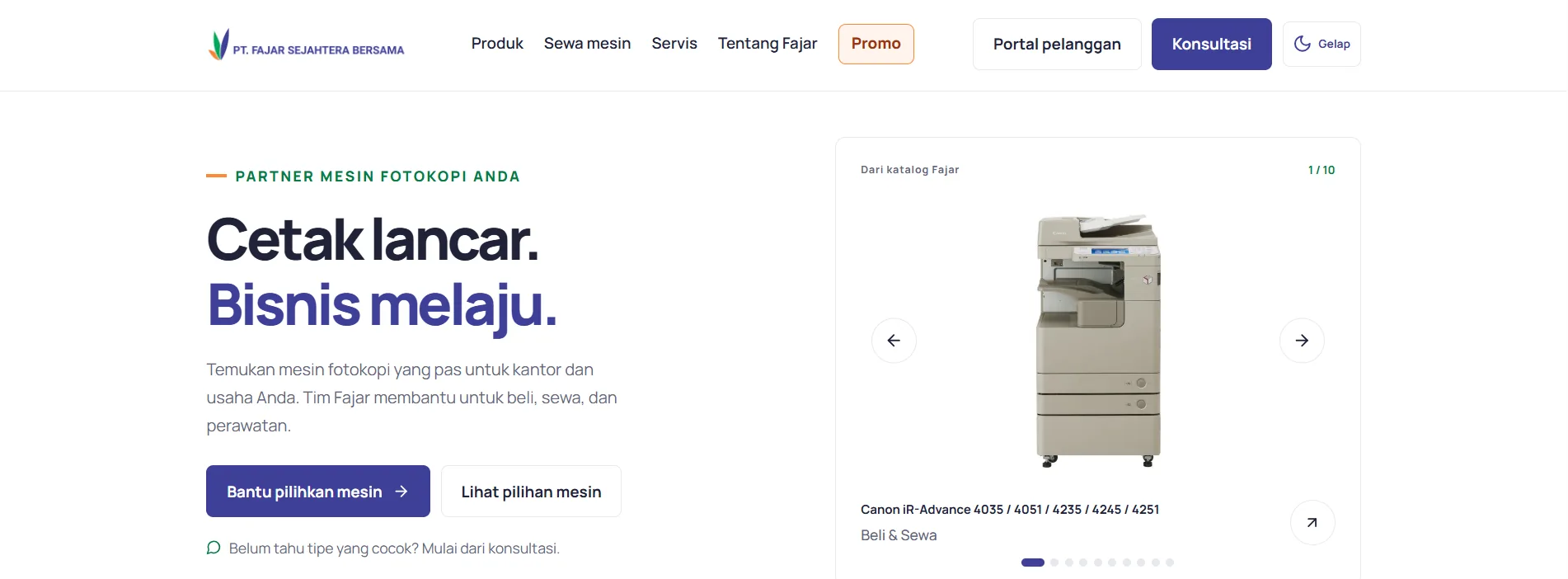 Company site for PT. Fajar Sejahtera Bersama: a photocopier catalog and a way to start a consultation.