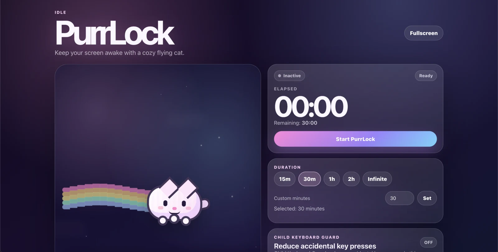 Purrlock: a flying cat and a timer that keeps the screen awake.
